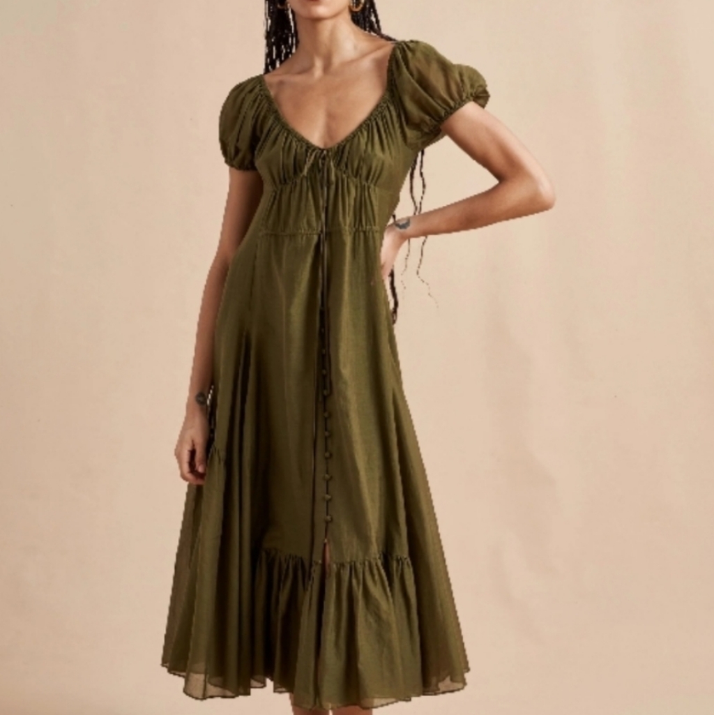 La Ligne Olive Green Midi Dress With Puff Sleeves